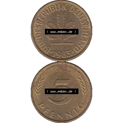 BRD Münzen 5 Pf., Umlaufmünze 1950-2001, 5 Pfennig Deutschland der BRD, 1983 Münzstätte München Mzz. D-01. Vorderseite und Rückseite... Sammlung