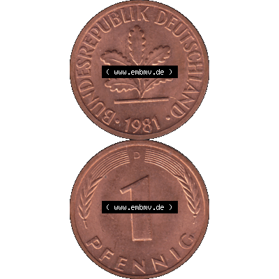 BRD Münzen in PNG 1950-2001, 1 Pfennig der BRD Deutschland 1981, 1980er Jahre Mzz. München D-01. Hier befindet sich eine PNG-Grafik einer 1 Pfennig Münze BRD mit... Sammlung