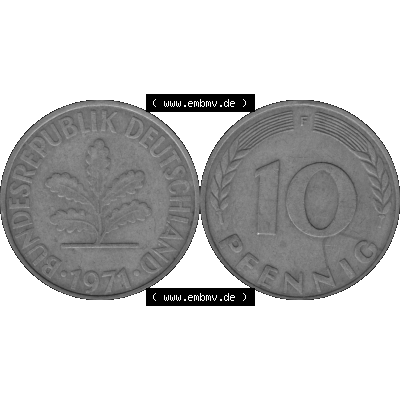 BRD Münzen 10 Pf. Umlaufmünze in PNG 1950-2001, 10 Pfennig 1971 F-01 Graustufen. Graustufen-Bild aus Farbigen Bilder mit Vorderseite und Rückseite mit Wert-Zahl auf einen... Sammlung