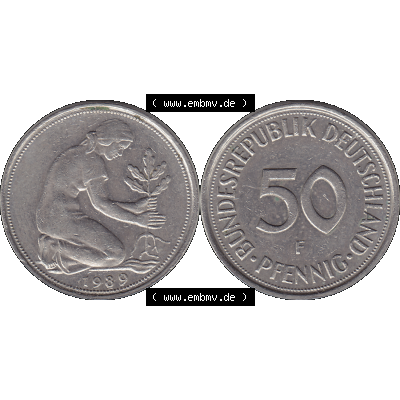 BRD Münzen 50 Pf. Umlaufmünze in PNG 1950-2001, 50 Pfennig BRD Deutschland 1989 Stuttgart F-1. Transparente Vorderseite und Rückseite als PNG-Grafik mit Wert-Zahl von... Sammlung