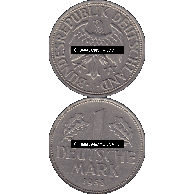 BRD Münzen 1 DM, Umlaufmünze 1950-2001, BRD Deutschland 1 / Eine DM - 1 Eine Deutsche Mark, 1958 Münzzeichen Hamburg Mzz J-1. Münzen-Rückseite und... Sammlung