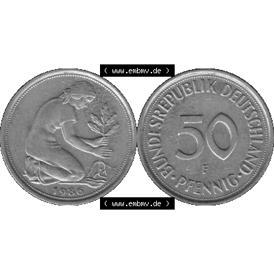BRD Münzen Deutschland F 50 Pf. Umlaufmünze in Graustufen PNG 1950-2001, 50 Pfennig 1986 Münzzeichen "F" für Stuttgart - "F"-01 Graustufen. PNG... Sammlung