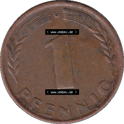 BRD Münzen 1 Pfennig Umlaufmünze in Farbigen PNG 1948-1949, 1 Pfennig 1949, 1950er Jahre Karlsruhe "G"-01. 1 Pfennig Münze der BRD Deutschland, Rückseite... Sammlung