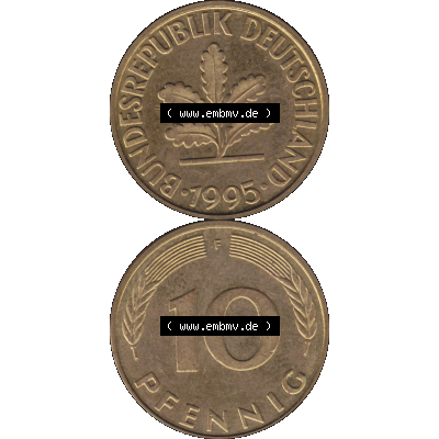 BRD Münzen 10 Pf. Umlaufmünze in PNG 1950-2001, 10 Pfennig 1995 F-02. Vorderseite und Rückseite auf einen Bild / Foto vertikal untereinander zusammengefügt,... Sammlung