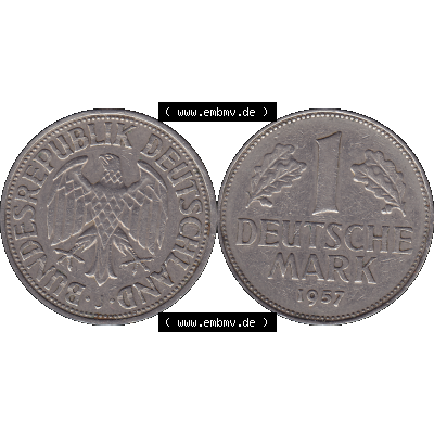 BRD Münzen 1 DM, Umlaufmünze 1950-2001, BRD Deutschland 1 / Eine DM - 1 Eine Deutsche Mark, 1957 Münzzeichen Hamburg Mzz J-1. Münzen-Rückseite und... Sammlung