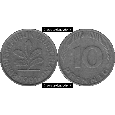 BRD Münzen 10 Pf. Umlaufmünze in PNG 1990-2001, 10 Pfennig 1991 A-03 Graustufen. Graustufen-Bilder der Vorderseite und Rückseite mit Wert-Zahl auf einen Bild / Foto... Sammlung