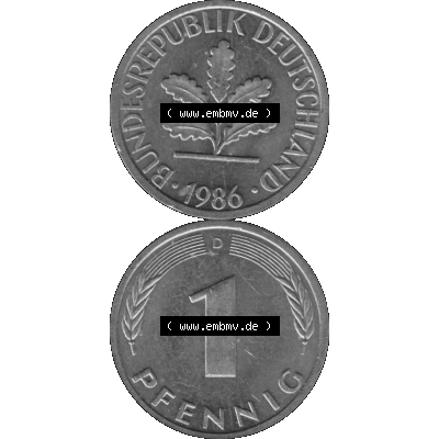 BRD Münzen 1 Pfennig Umlaufmünze in Graustufen PNG 1950-2001, 1 Pfennig 1986 München D-01. Graustufen-Bild erstellt aus Farbigen Bild mit Vorderseite und Rückseite auf... Sammlung
