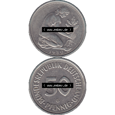 BRD Münzen 50 Pf. Umlaufmünze in PNG 1950-2001, 50 Pfennig BRD Deutschland 1980 Münzstätte Karlsruhe "G"-01. 50 Pfennig Münze BRD der 1980-er Jahre.... Sammlung
