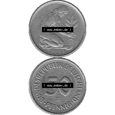 BRD Münzen Deutschland D 50 Pf. Umlaufmünze in Graustufen PNG 1950-2001, 50 Pfennig 1988 Münzzeichen "D" für München - "D"-01 Graustufen.... Sammlung