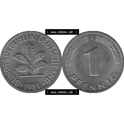 BRD Münzen 1 Pfennig Umlaufmünze in Graustufen PNG 1950-2001, 1 Pfennig 1981 München D-01. Graustufen-Bilder der Vorderseite und Rückseite mit Wert-Zahl auf einen Bild... Sammlung