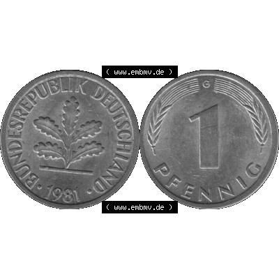 BRD Münzen 1 Pfennig BRD-Deutschland Umlaufmünze in Graustufen PNG 1950-2001, 1 Pfennig 1981, 1980er Jahre Münzstätte Karlsruhe G-01. Graustufen-Bilder der Vorderseite... Sammlung