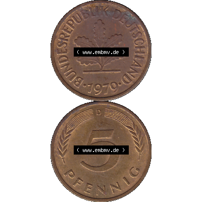 BRD Münzen 5 Pf., Umlaufmünze 1950-2001, 5 Pfennig Deutschland der BRD, 1979 Münzstätte München Mzz. D-01. Vorderseite und Rückseite... Sammlung