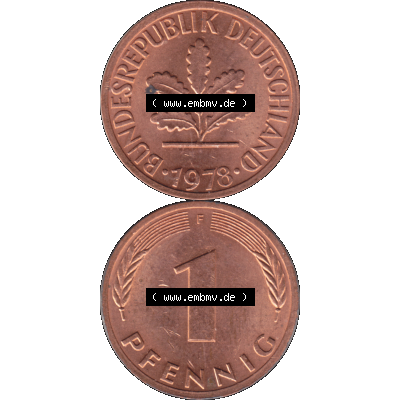 BRD Münzen 1 Pfennig Umlaufmünze in PNG 1950-2001, 1 Pfennig 1978, 1970er Jahre Stuttgart F-01. Hier befindet sich eine PNG-Grafik einer 1 / Ein Pfennig Münze Stuttgart... Sammlung