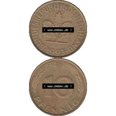 BRD Münzen 10 Pf. Umlaufmünze in PNG 1950-2001, 10 Pfennig 1993 F-01. Vorderseite und Rückseite auf einen Bild / Foto vertikal untereinander zusammengefügt,... Sammlung