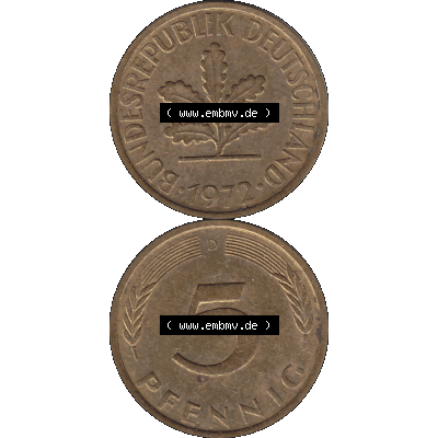 BRD Münzen 5 Pf., Umlaufmünze 1950-2001, 5 Pfennig Deutschland der BRD, 1972 Münzstätte München Mzz. D-01. Vorderseite und Rückseite... Sammlung