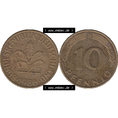 BRD Münzen 10 Pf. Umlaufmünze in PNG 1950-2001, 10 Pfennig 1986 D-01. Vorderseite und Rückseite mit Wert-Zahl auf einen Bild / Foto der digitalisierten 10 Pfennig... Sammlung