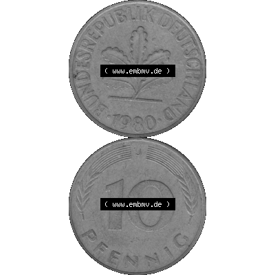 BRD Münzen 10 Pf. Umlaufmünze in PNG 1950-2001, 10 Pfennig 1980 J-01 Graustufen. PNG-Bild in transparenten Graustufen aus zwei farbigen Bildern vom Scanner mit Vorderseite... Sammlung