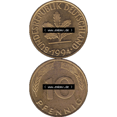 BRD Münzen 10 Pf. Umlaufmünze in PNG 1950-2001, 10 Pfennig 1994 F-01. Vorderseite und Rückseite auf einen Bild / Foto vertikal untereinander zusammengefügt,... Sammlung