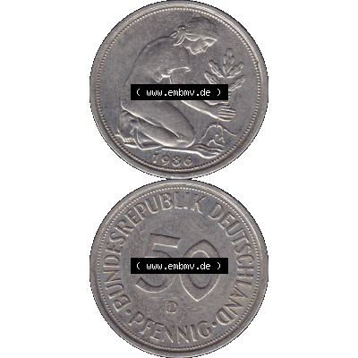 BRD Münzen 50 Pf. Umlaufmünze in PNG 1950-2001, 50 Pfennig BRD Deutschland 1986 D-01. Vorderseite und Rückseite auf einen Bild / Foto vertikal untereinander zusammengefügt,... Sammlung