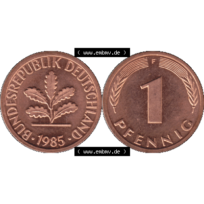 BRD Münzen 1 Pfennig Umlaufmünze in PNG 1950-2001, 1 Pfennig 1985, 1980er Jahre Stuttgart F-01. Die PNG-Grafik zeigt eine 1 Pfennig Münze der Bundesrepublik Deutschland.... Sammlung
