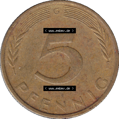 BRD Münzen 5 Pf., Umlaufmünze 1950-2001, 5 Pfennig, 1972 G-01. Rückseite mit Wert-Zahl der digitalisierten 5 Pfennig G, mit Mzz. G für Münzstätte... Sammlung