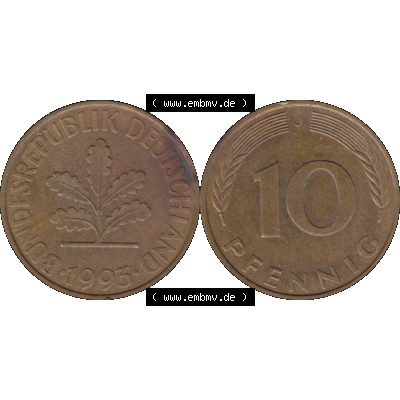 BRD Münzen 10 Pf. Umlaufmünze in PNG 1950-2001, 10 Pfennig der Bundesrepublik Deutschland 1993 Münzstätte Hamburg Mzz. J-01. Vorderseite und Rückseite... Sammlung