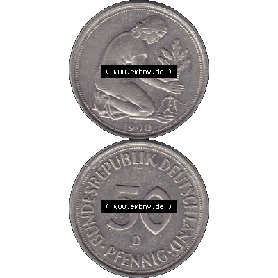 BRD Münzen 50 Pf. Umlaufmünze in PNG 1950-2001, 50 Pfennig BRD Deutschland 1990 München D-1. Transparente Vorderseite und Rückseite der Münze vertikal untereinander... Sammlung