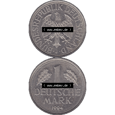 BRD Münzen 1 DM, Umlaufmünze 1950-2001, BRD Deutschland 1 / Eine DM - 1 Eine Deutsche Mark, 1994 Münzzeichen Hamburg Mzz J-1. Münzen-Rückseite und... Sammlung