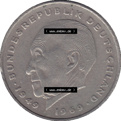 BRD Münzen 2 DM, Gedenkmünze in PNG 1969-1987, 2 DM, Deutsche Mark Konrad Adenauer 1974 Münzzeichen Mzz Stuttgart F-1. Rückseite mit Wert-Zahl von 2 Deutsche... Sammlung