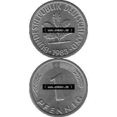 BRD Münzen 1 Pfennig BRD-Deutschland Umlaufmünze in Graustufen PNG 1950-2001, 1 Pfennig 1983, 1980er Jahre Münzstätte Karlsruhe G-01. Graustufen-Bild erstellt aus... Sammlung