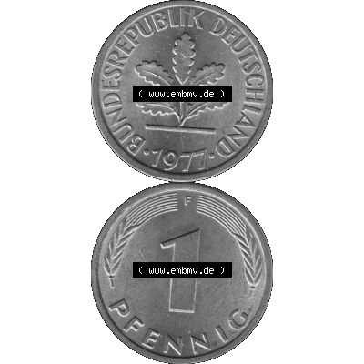 BRD Münzen 1 Pfennig Umlaufmünze in Graustufen PNG 1950-2001, 1 Pfennig 1977, 1970er Jahre Mzz. F-01. Graues-Bild 1 Pfennig F aus farbigen Bild erstellt mit Vorderseite... Sammlung