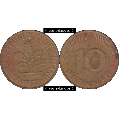 BRD Münzen 10 Pf. Umlaufmünze in PNG 1950-2001, 10 Pfennig 1978 D-01. Vorderseite und Rückseite mit Wert-Zahl auf einen Bild / Foto der digitalisierten 10 Pfennig... Sammlung