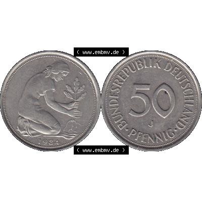 BRD Münzen 50 Pf. Umlaufmünze in PNG 1950-2001, 50 Pfennig BRD Deutschland 1984 Münzstätte Hamburg Mzz. J-01. PNG Computer-Grafik einer digitalisierten 50... Sammlung