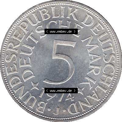 BRD Münzen 5 Deutsche Mark, 5 DM Silbermünze in 625/1000 Silber 1951-1974, 5 DM, 5 Deutsche Mark Silberadler, Heiermann 1974 J-1. Das Bild/Foto zeigt die... Sammlung