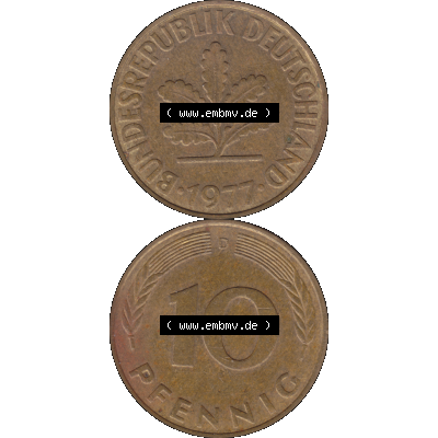 BRD Münzen 10 Pf. Umlaufmünze in PNG 1950-2001, 10 Pfennig 1977 D-01. Vorderseite und Rückseite auf einen Bild / Foto vertikal untereinander zusammengefügt,... Sammlung