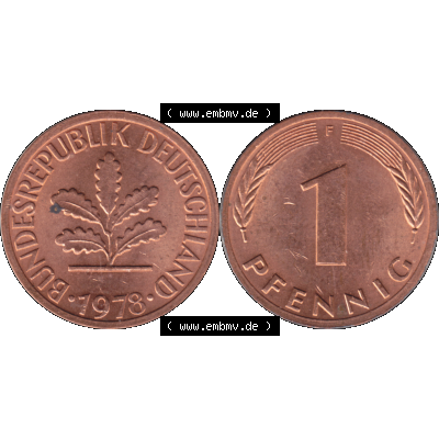 BRD Münzen 1 Pfennig Umlaufmünze in PNG 1950-2001, 1 Pfennig 1978, 1970er Jahre Stuttgart F-01. Die PNG-Grafik zeigt eine 1 Pfennig Münze der Bundesrepublik Deutschland.... Sammlung