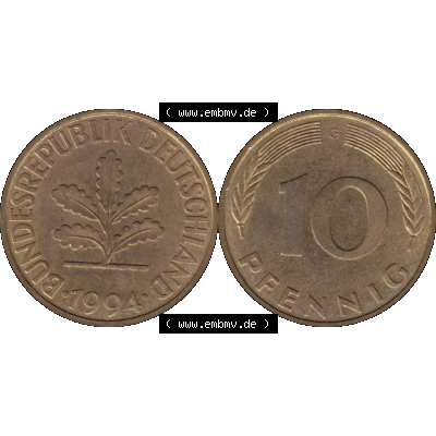 BRD Münzen 10 Pf. Umlaufmünze in PNG 1950-2001, 10 Pfennig 1994 G-01. Vorderseite und Rückseite mit Wert-Zahl auf einen Bild / Foto der digitalisierten 10 Pfennig... Sammlung