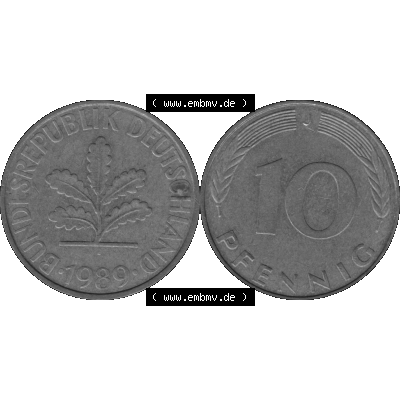 BRD Münzen 10 Pf. Umlaufmünze in PNG 1950-2001, 10 Pfennig 1989 J-12 Graustufen. Graustufen Bild aus zwei Bildern vom Scanner mit Vorderseite und Rückseite mit Wert-Zahl... Sammlung