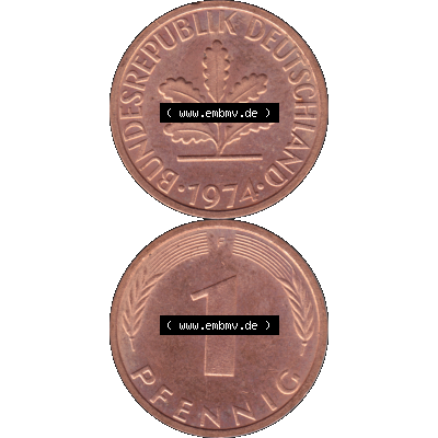 BRD Münzen 1 Pfennig Umlaufmünze in PNG 1950-2001, 1 Pfennig 1974, 1970er Jahre Stuttgart F-01. Hier befindet sich eine PNG-Grafik einer 1 / Ein Pfennig Münze Stuttgart... Sammlung