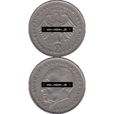 BRD Münzen 2 DM, Gedenkmünze in PNG 1969-1987, 2 DM, Deutsche Mark Konrad Adenauer 1970 Münzzeichen Mzz Stuttgart F-1. Vorderseite und Rückseite mit Deutschen... Sammlung