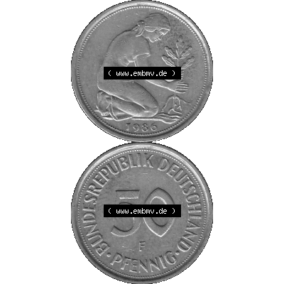 BRD Münzen Deutschland F 50 Pf. Umlaufmünze in Graustufen PNG 1950-2001, 50 Pfennig 1986 Münzzeichen "F" für Stuttgart - "F"-01 Graustufen. PNG... Sammlung