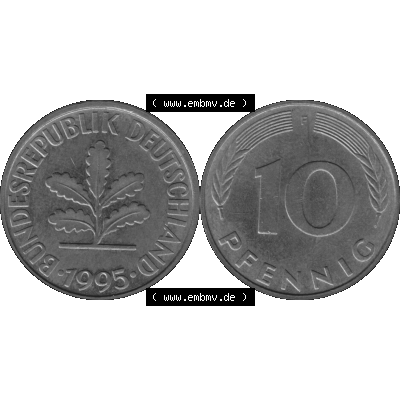 BRD Münzen 10 Pf. Umlaufmünze in PNG 1950-2001, 10 Pfennig 1995 F-01 Graustufen. Graustufen-Bild aus Farbigen Bilder mit Vorderseite und Rückseite mit Wert-Zahl auf einen... Sammlung