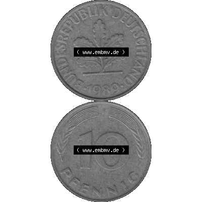 BRD Münzen 10 Pf. Umlaufmünze in PNG 1950-2001, 10 Pfennig 1989 F-03 Graustufen. Graues-Bild aus farbigen Bild erstellt mit Vorderseite und Rückseite auf einen Bild /... Sammlung