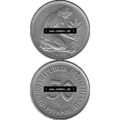 BRD Münzen Deutschland F 50 Pf. Umlaufmünze in Graustufen PNG 1950-2001, 50 Pfennig 1991 Münzzeichen "F" für Stuttgart - "F"-01 Graustufen. PNG... Sammlung