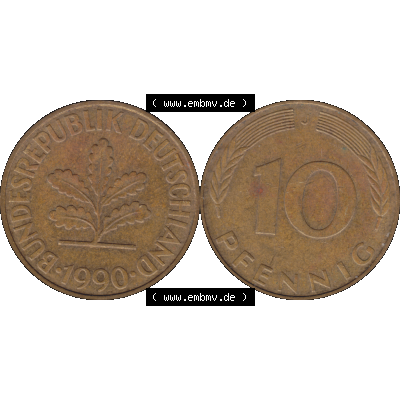 BRD Münzen 10 Pf. Umlaufmünze in PNG 1950-2001, 10 Pfennig der Bundesrepublik Deutschland 1990 Münzstätte Hamburg Mzz. J-01. Vorderseite und Rückseite... Sammlung
