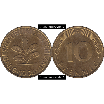 BRD Münzen 10 Pf. Umlaufmünze in PNG 1990-2001, 10 Pfennig 1996 A-01. Vorderseite und Rückseite mit Wert-Zahl auf einen Bild / Foto der digitalisierten 10 Pfennig... Sammlung