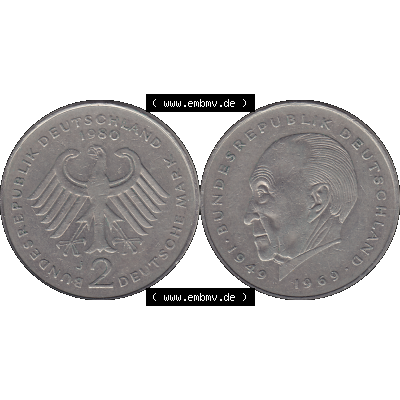 BRD Münzen 2 DM, Gedenkmünze in PNG 1969-1987, 2 DM, Deutsche Mark Konrad Adenauer 1980 J-1. Vorderseite und Rückseite mit Deutschen Adler und Wert-Zahl auf einen... Sammlung
