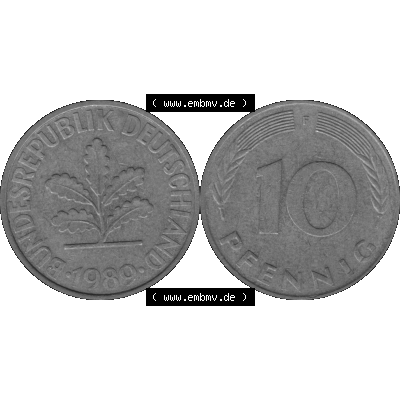 BRD Münzen 10 Pf. Umlaufmünze in PNG 1950-2001, 10 Pfennig 1989 F-03 Graustufen. Graustufen-Bild aus Farbigen Bilder mit Vorderseite und Rückseite mit Wert-Zahl auf einen... Sammlung