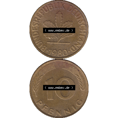 BRD Münzen 10 Pf. Umlaufmünze in PNG 1950-2001, 10 Pfennig 1980 F-01. Vorderseite und Rückseite auf einen Bild / Foto vertikal untereinander zusammengefügt,... Sammlung