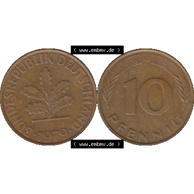 BRD Münzen 10 Pf. Umlaufmünze in PNG 1950-2001, 10 Pfennig 1979 G-01. Vorderseite und Rückseite mit Wert-Zahl auf einen Bild / Foto der digitalisierten 10 Pfennig... Sammlung